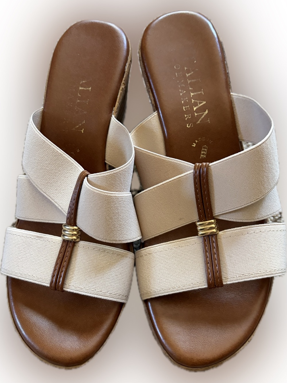 Italian Shoemakers Beige and Brown Elastic Strap Slide Mules